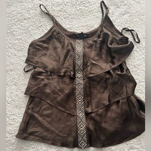 White House black market brown gold embroidered Ruffle tank top